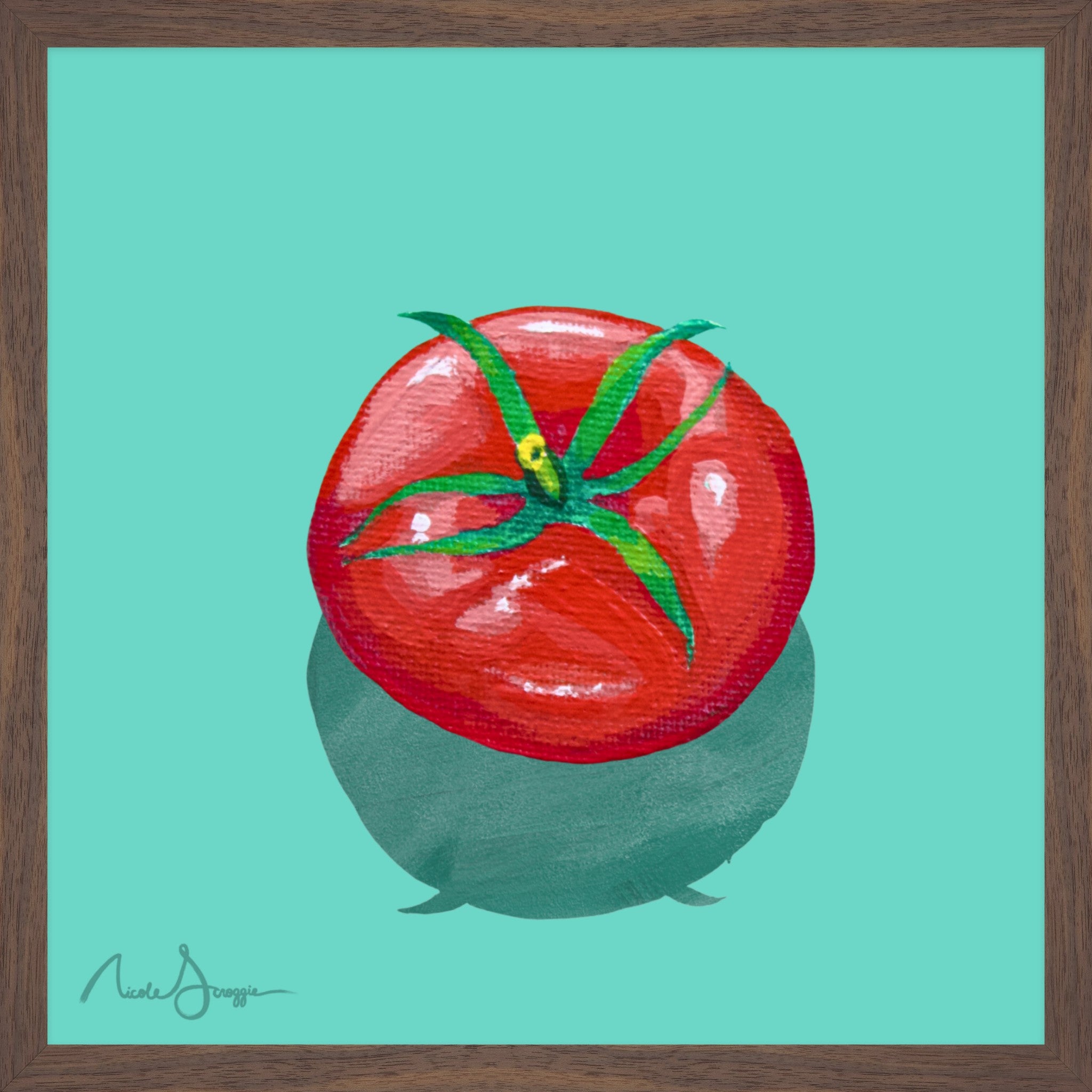 Illustration of a red tomato with green stem on a teal background
