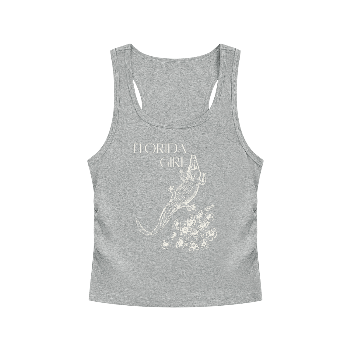 Florida Girl Ruched Tank Top in Flower Gray colorway, front view.
