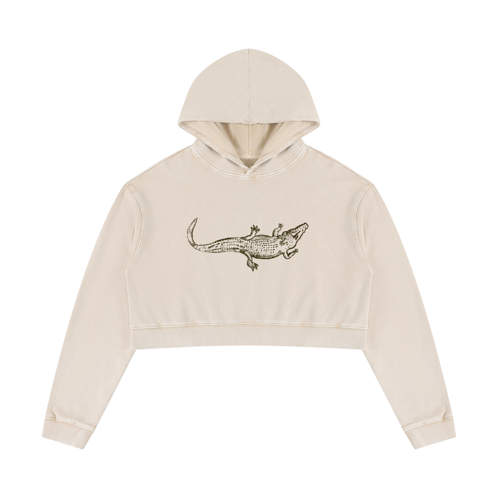 Close-up of the alligator graphic on the Mineral Washed Crop Hoodie.