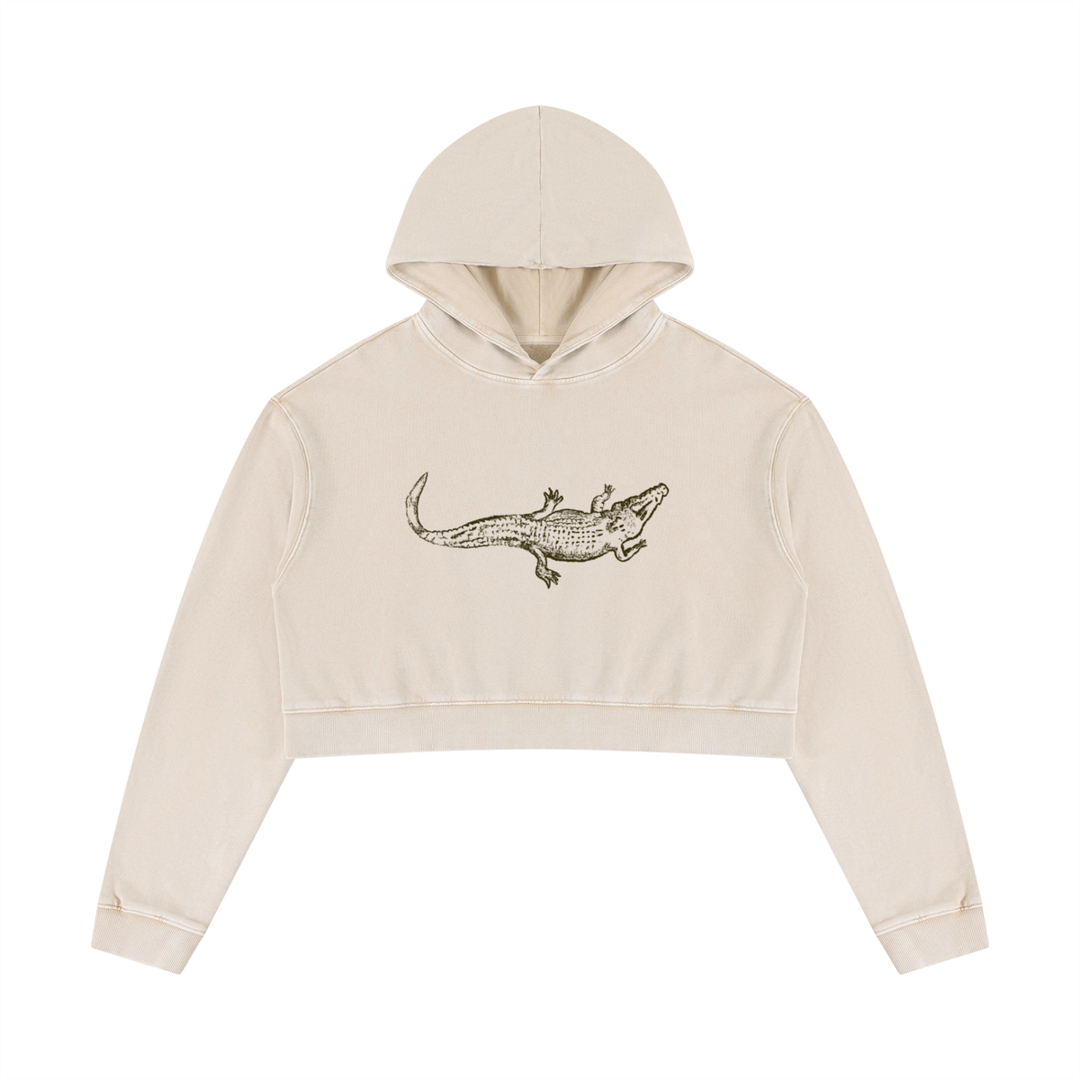 Close-up of the alligator graphic on the Mineral Washed Crop Hoodie.
