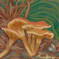 Original 5x5 inch oil painting of golden wild chanterelle mushrooms growing on a woodland forest floor with wavy green background