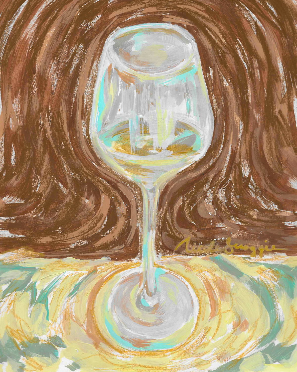 Close-up detail of the original Chardonnay wine glass acrylic painting showing swirling brushwork in brown, cream, and sage tones