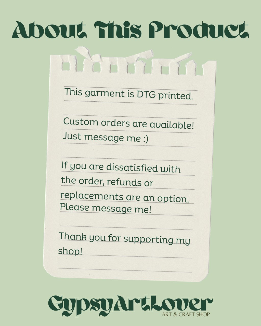 GypsyArtLover shop info card noting this garment is DTG printed, made to order, and thank you for supporting the shop.
