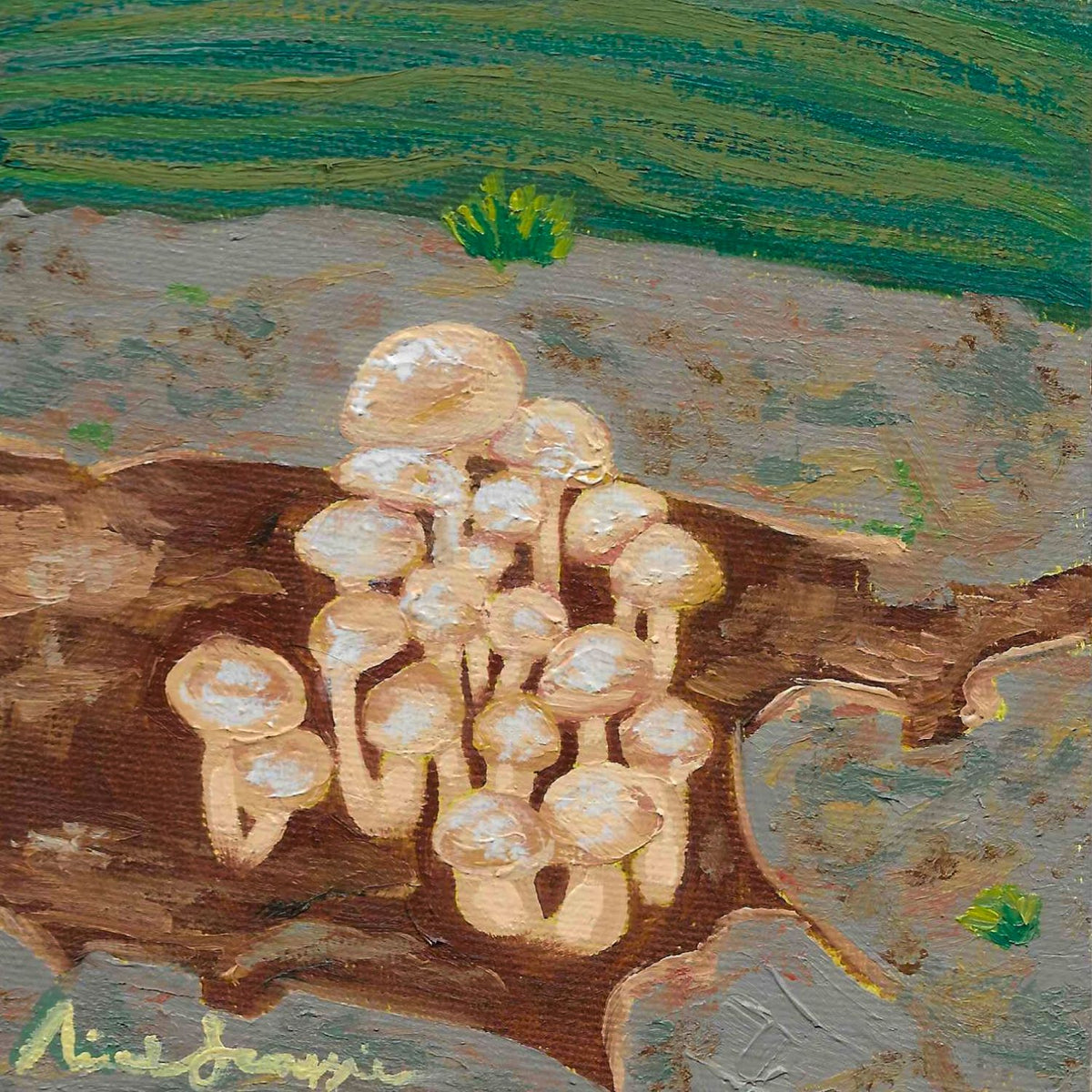 Original 5x5 inch oil painting of a cluster of wild enoki mushrooms growing on a mossy forest log with a green grassy background