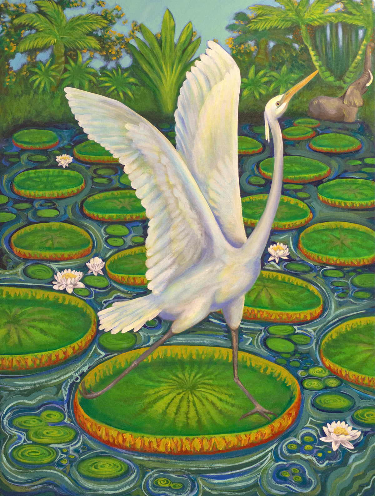 Detail view of the original great white egret oil painting showing giant lily pads, water lilies, palm trees, and a small elephant in the jungle background
