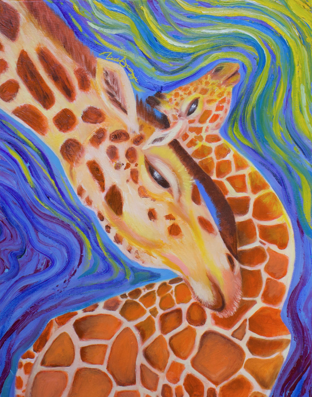 A colorful painting of a giraffe with swirling blue, green, and yellow painted brushstrokes around it. Wavism art print. post-impressionist style.