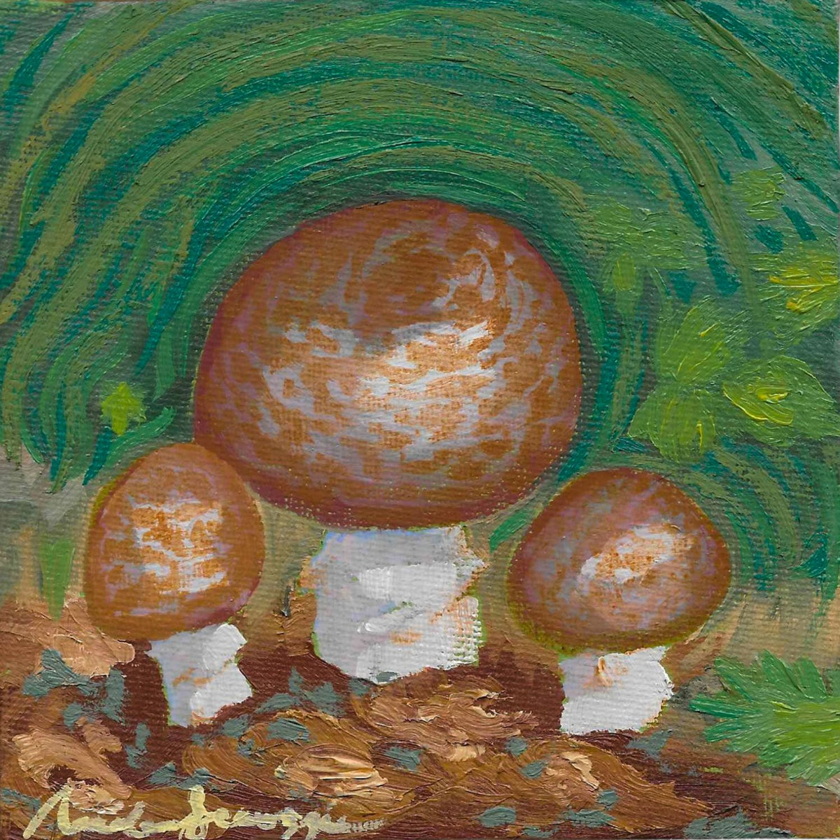 Original 5x5 inch oil painting of three round wild portobello mushrooms on a mossy forest floor with swirling green background