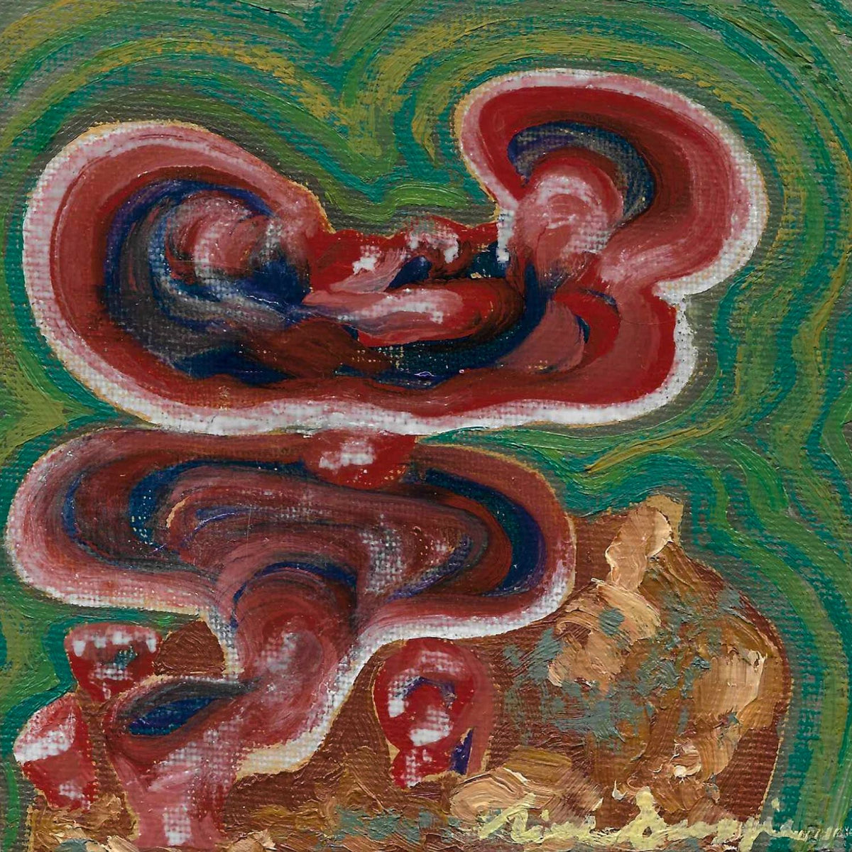 Original 5x5 inch oil painting of wild reishi mushrooms in bold swirling red and navy tones growing on a log with a wavy green background
