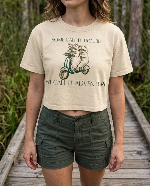 Raccoon Besties Mineral Wash Crop T-Shirt in Apricot, front view, shown on a model.