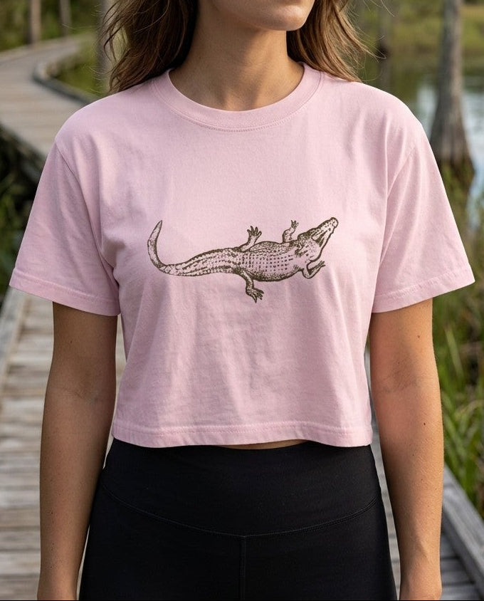 Mineral Wash Cotton Crop T-Shirt in Pink with alligator graphic, front view, shown on a model.