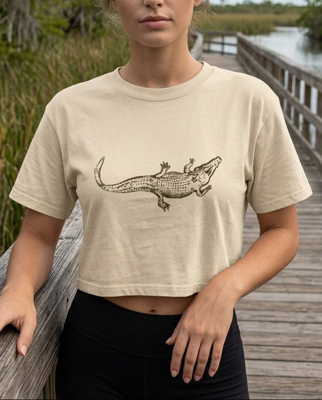 Mineral Wash Cotton Crop T-Shirt in Apricot with alligator graphic, front view, shown on a model.