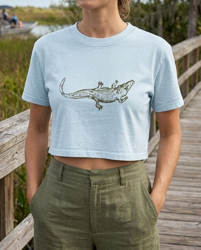 Mineral Wash Cotton Crop T-Shirt in Light Blue with alligator graphic, front view, shown on a model.