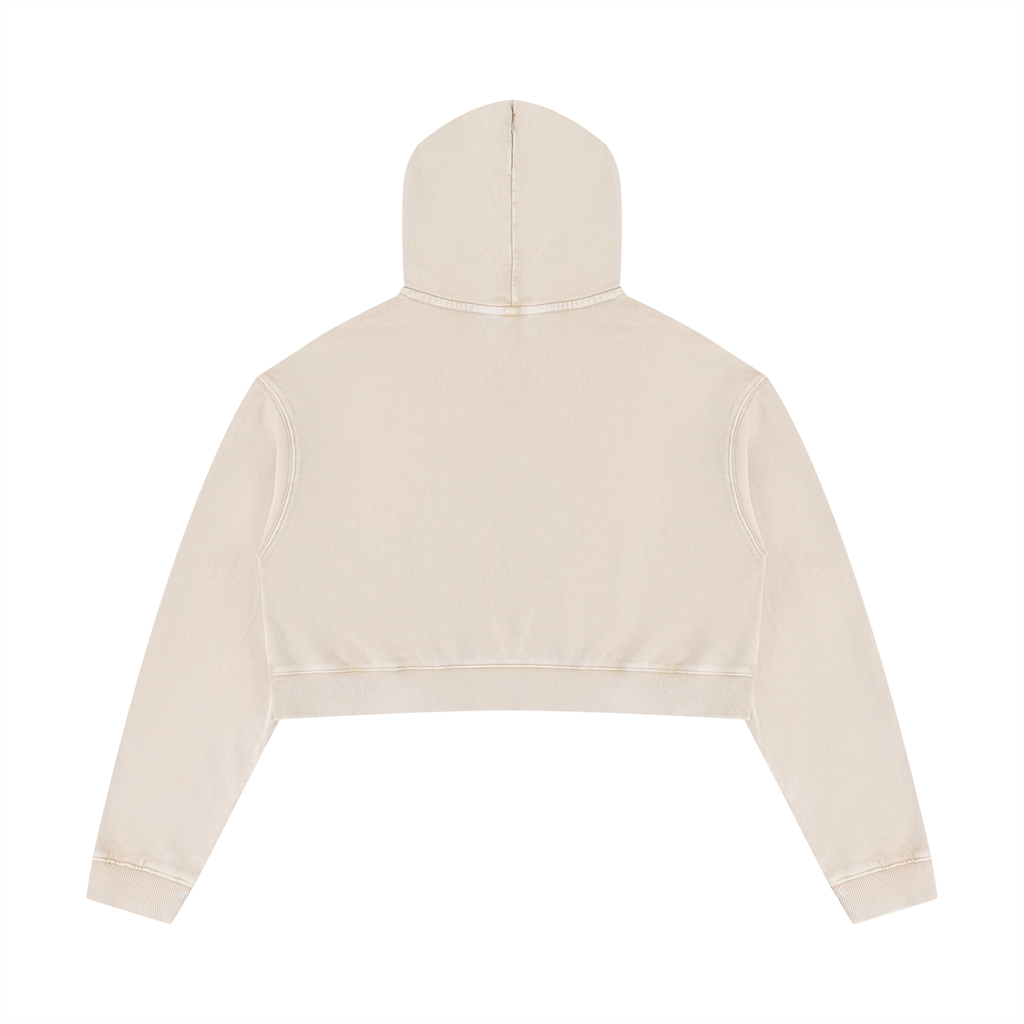 Back view of the Mineral Washed Crop Hoodie, showing the cropped raw-edge hem.