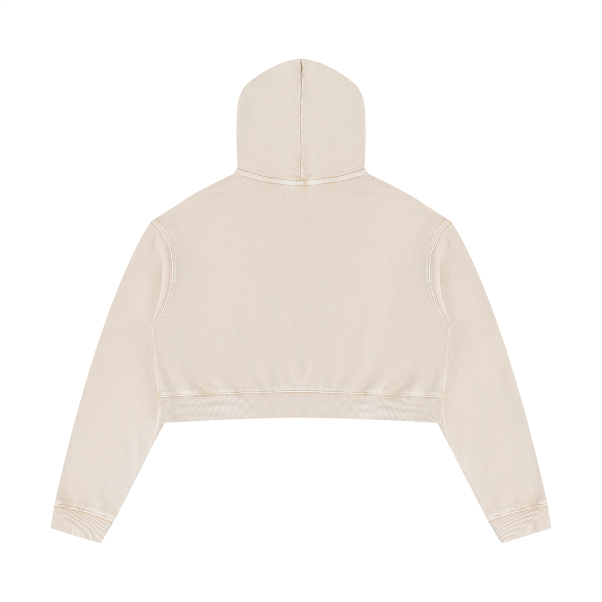 Back view of the Mineral Washed Crop Hoodie, showing the cropped raw-edge hem.