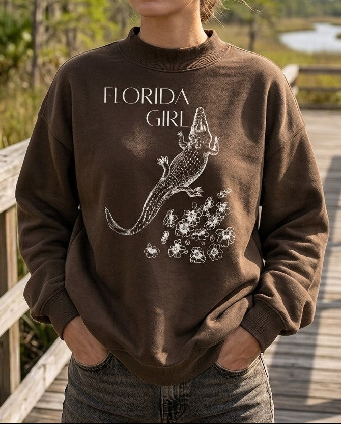 Florida Girl Fleece Mock Neck Sweatshirt with alligator graphic, front view, shown on a model.