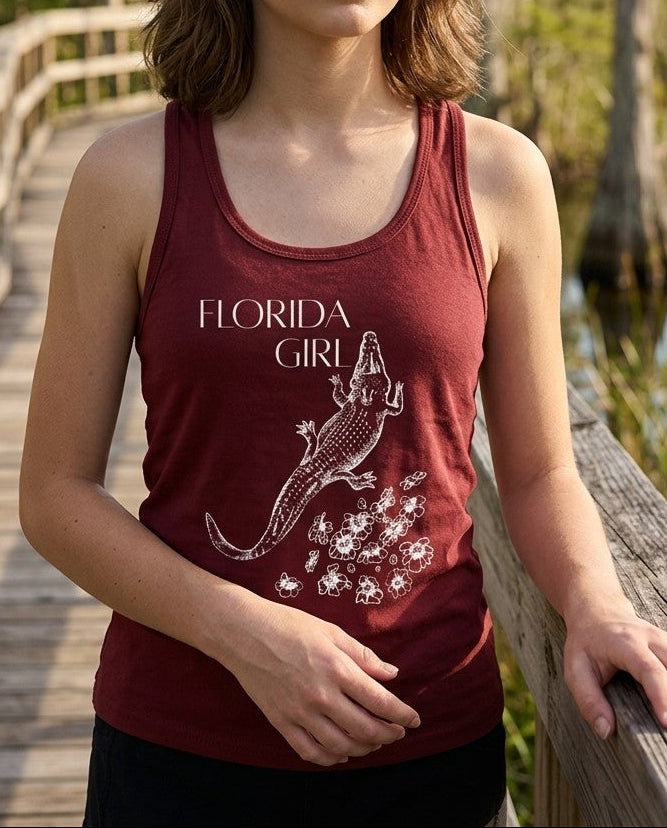 Florida Girl Ruched Tank Top with alligator graphic, front view, shown on a model.