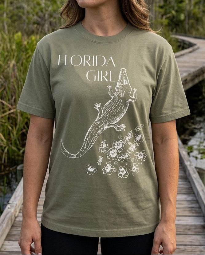 Florida Girl Heavyweight Oversized T-Shirt with alligator graphic, front view, shown on a model.