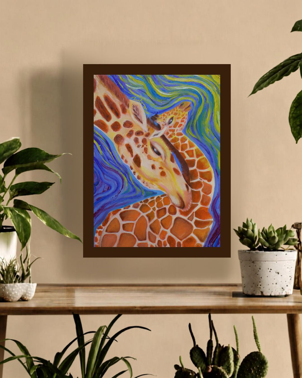 "Steady Ground" Fine Art Print Mother Giraffe and Baby Giraffe Artwork Wavism Animal Study Art with Movement