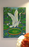 Original gallery-wrapped canvas oil painting of a great white egret stretching its wings on a lily pad, hanging on a wall, tropical jungle background with a hidden elephant