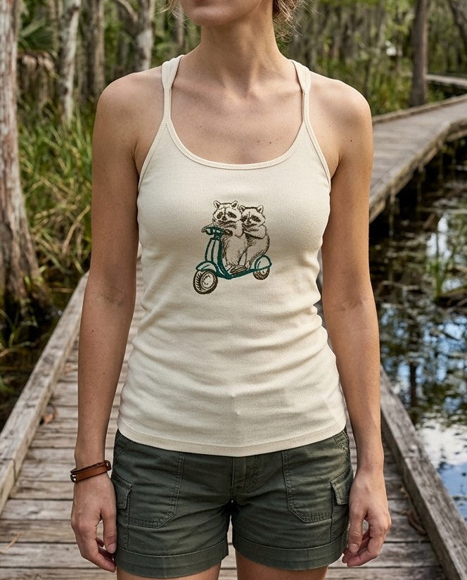 Raccoon Besties Slim Fit Ribbed Racerback Tank Top in Apricot, front view, shown on a model.
