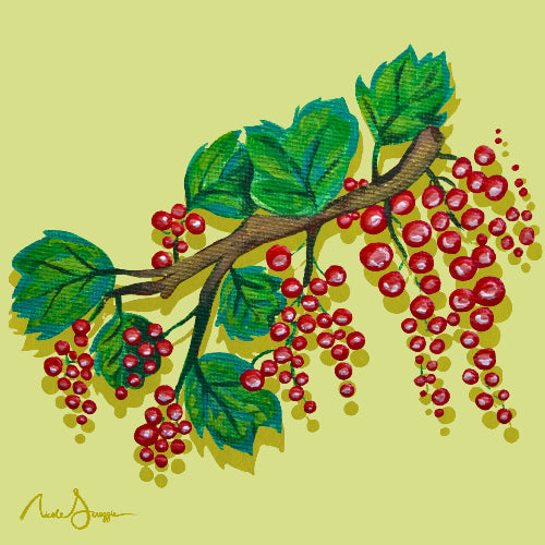 Artistic illustration of a branch with red berries and green leaves on a light yellow background.