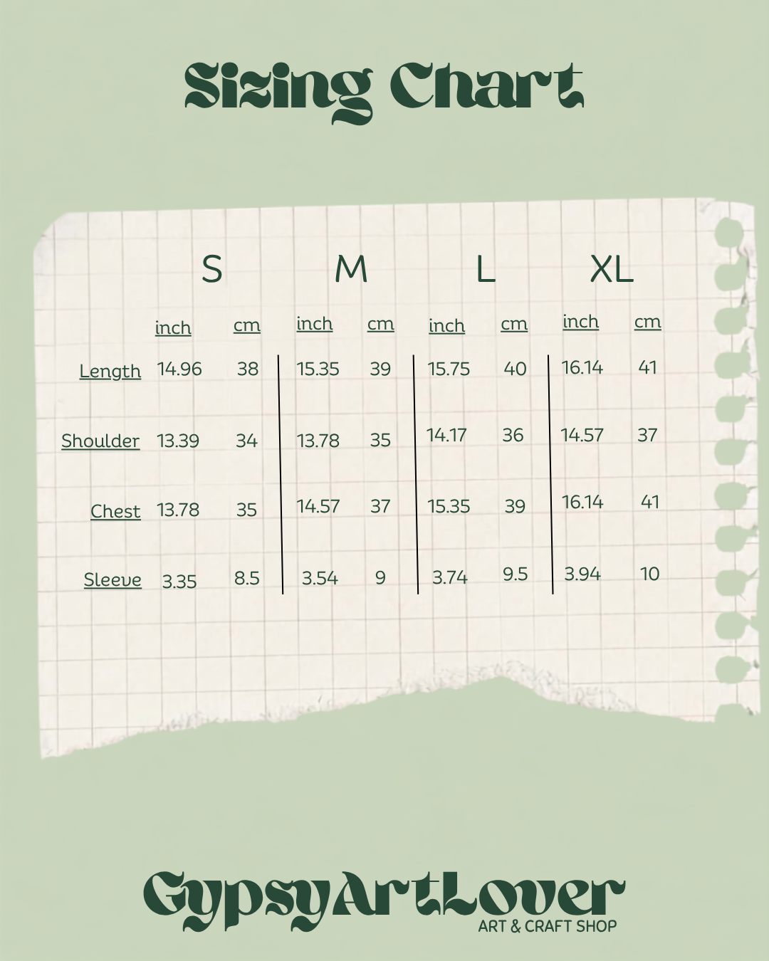 GypsyArtLover apparel sizing chart showing length, chest, and sleeve measurements in inches and centimeters for sizes S through 3XL.